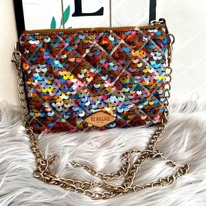 MZ Wallace Spangle Sequin Ruby crossbody bag with unbranded chain.